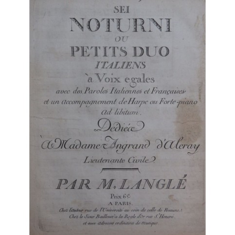 LANGLÉ Honoré Sei Noturni Chant Piano ou Harpe 1790
