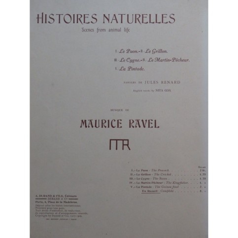 RAVEL Maurice Histoires Naturelles Chant Piano 1909