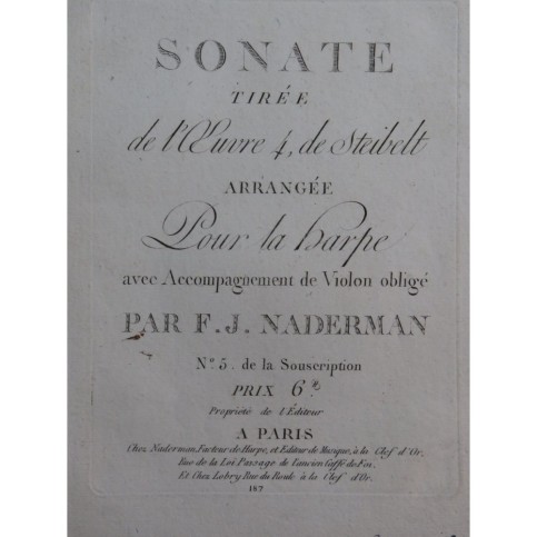 STEIBELT Daniel Sonate tirée de l'op 4 Harpe Violon ca1798