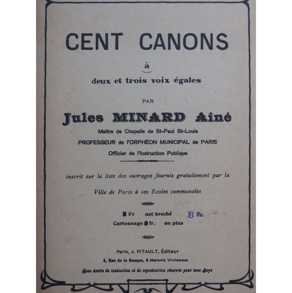 MINARD Jules Cent Canons à deux ou trois voix