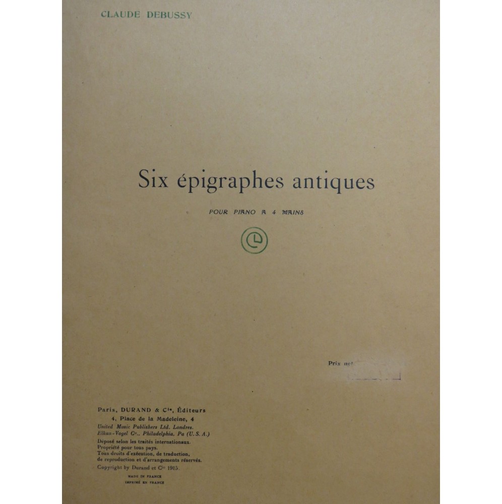 DEBUSSY Claude Six épigraphes antiques Piano 4 mains 1947