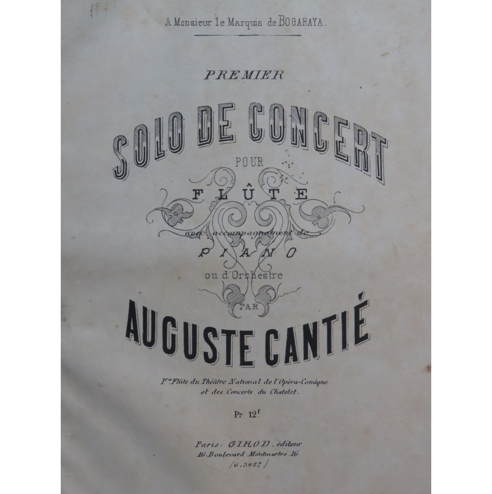 CANTIÉ Auguste Premier Solo de Concert Flûte Piano ca1880