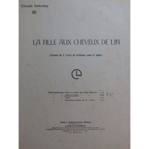 DEBUSSY Claude La Fille aux Cheveux de Lin Violon Piano