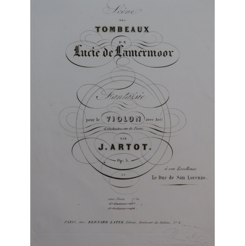 ARTOT J. Fantaisie sur Lucie de Lamermoor Piano Violon ca1840