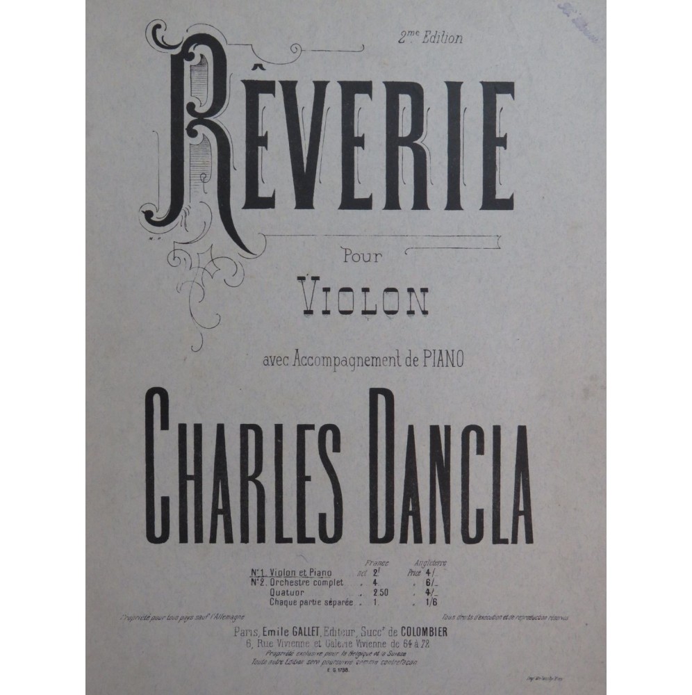 DANCIA Charles Rêverie op 66 Piano Violon