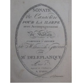 DELEPLANQUE A. F. J. Sonate de Caractère Harpe Violon ca1790