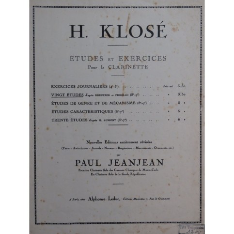 KLOSÉ H. Vingt Etudes d'après Kreutzer et Fiorillo pour Clarinette
