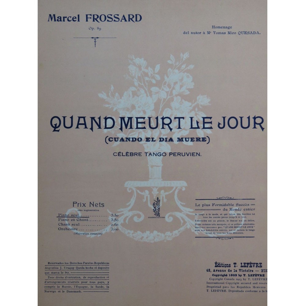 FROSSARD Marcel Quand meurt le jour Tango Piano 1923