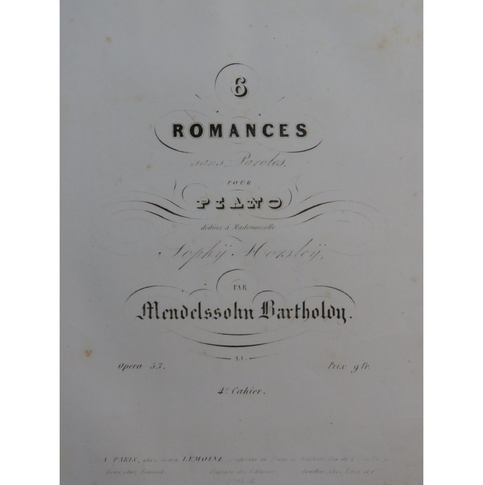MENDELSSOHN Recueil No 4 Six Romances op 53 Piano ca1845