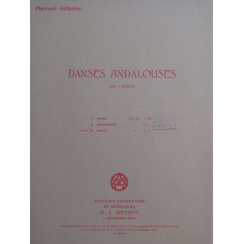 INFANTE Manuel Danses Andalouses No 3 Gracia 2 Pianos 4 mains 1921
