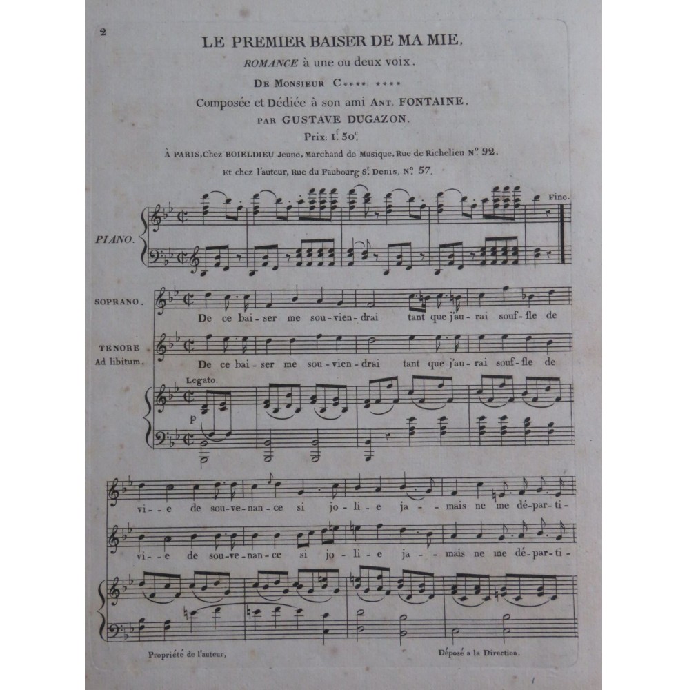 DUGAZON Gustave Le Premier Baiser de ma Mie Chant Piano ca1820