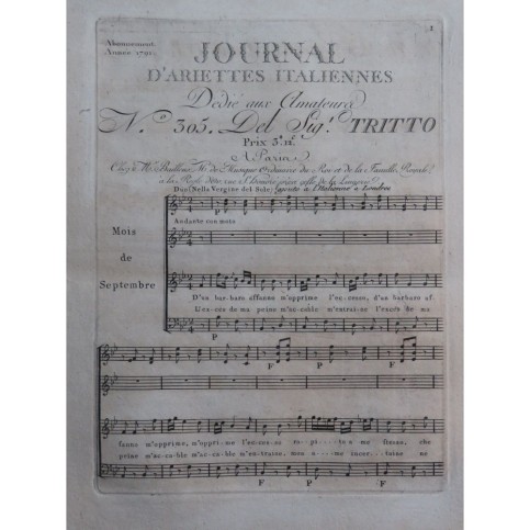 TRITTO Giacomo D'un barbaro affanno m'opprime Chant Orchestre 1791