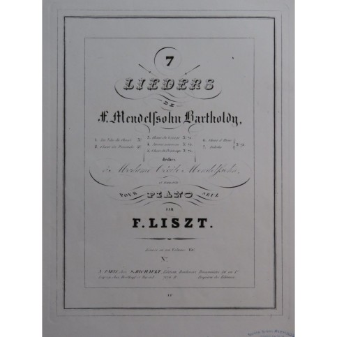 LISZT Franz Les Ailes du Chant Lieder de Mendelssohn Piano ca1845