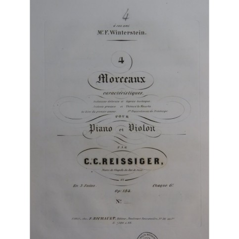 REISSIGER C. G. Le Rêve Pressentiment Piano Violon ca1845