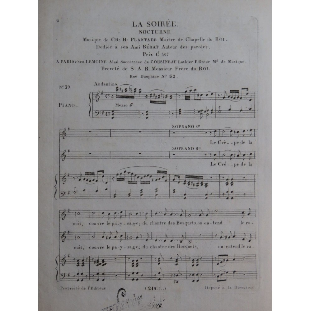PLANTADE Charles La Soirée Chant Piano ca1820
