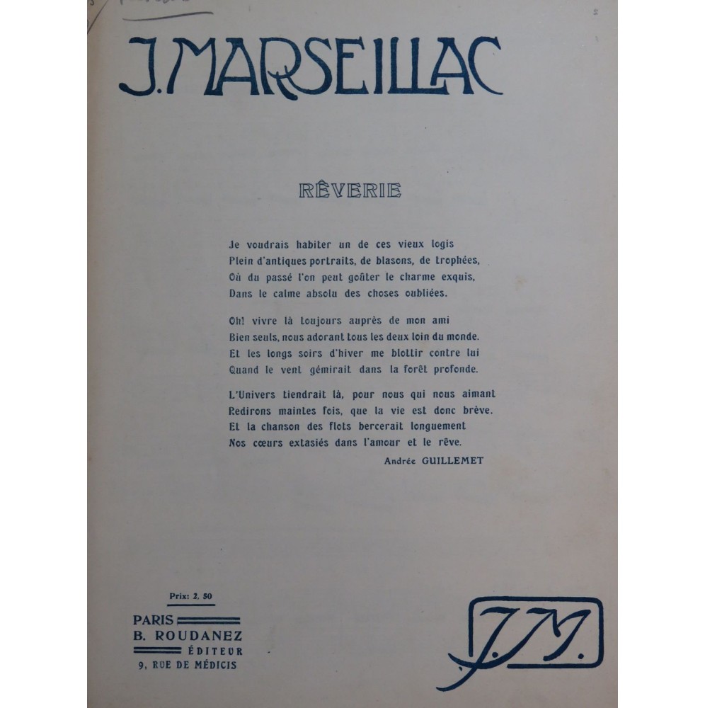 MARSEILLAC J. Rêverie Chant Piano