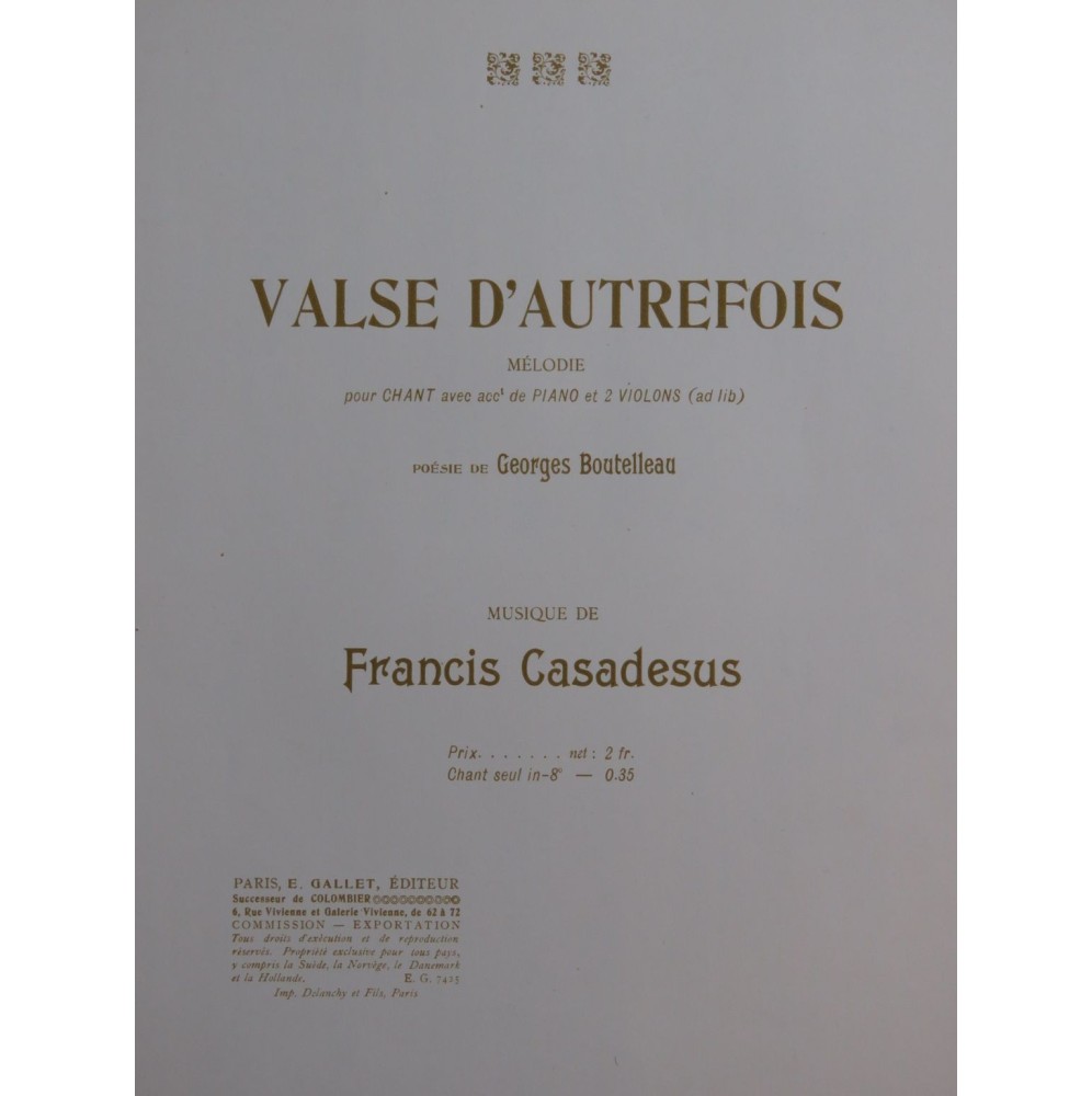 CASADESUS Francis Valse d'Autrefois Piano Chant Violons