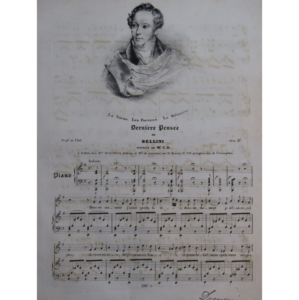 BELLINI Vincenzo Dernière Pensée Chant Piano ca1840