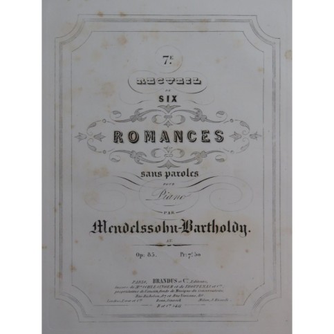 MENDELSSOHN Recueil No 7 Six Romances op 85 Piano ca1850