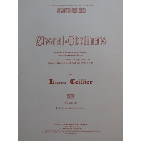 CEILLIER Laurent Choral Obstinato Chant Orgue ca1912