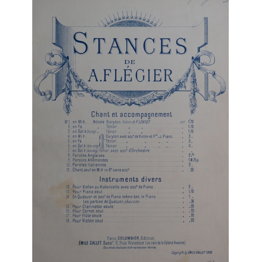 FLÉGIER A. Stances Chant Piano 1893