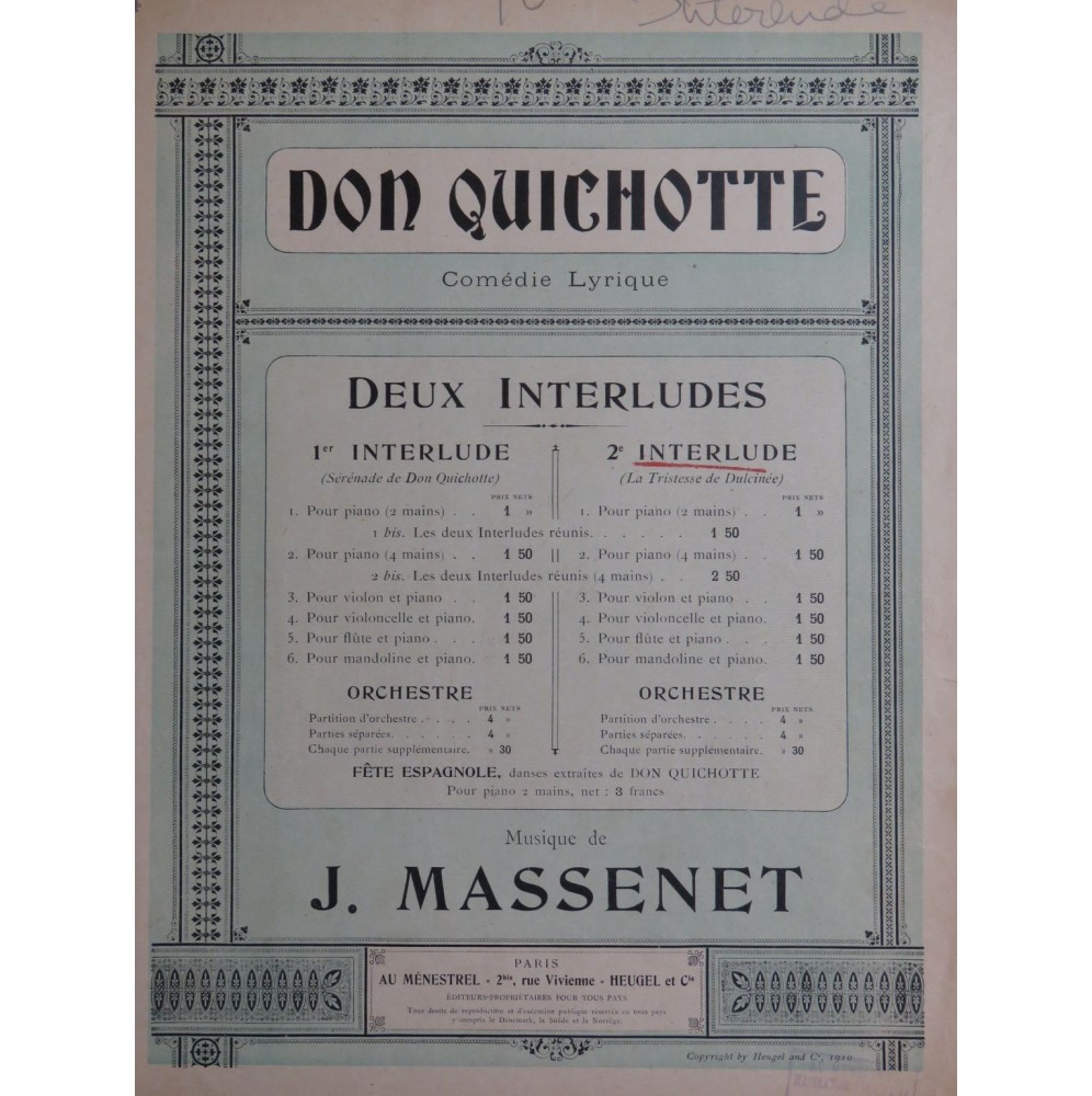 MASSENET Jules Don Quichotte Interlude No 2 Piano Violoncelle 1927