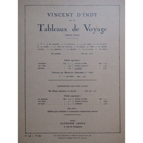 D'INDY Vincent La Pluie Piano 1921