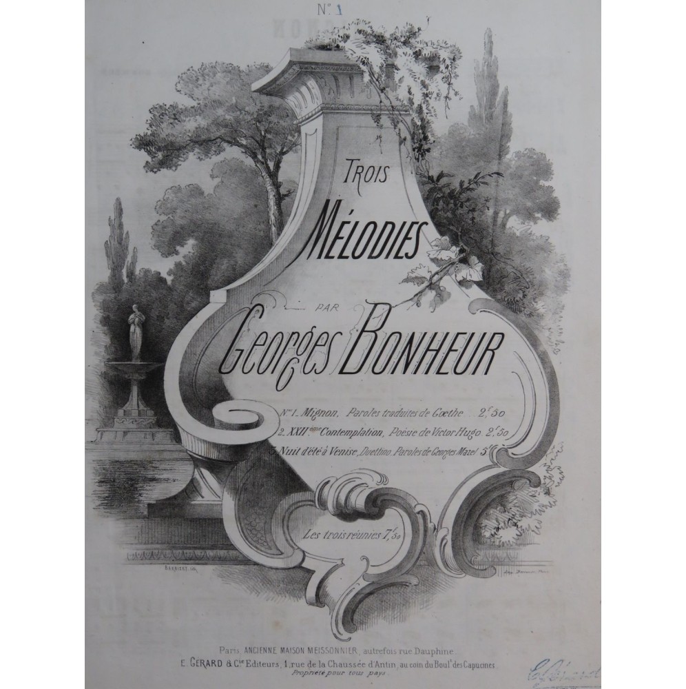 BONHEUR Georges Mignon Chant Piano ca1866