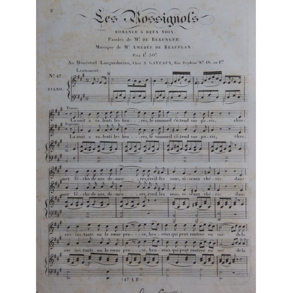 DE BEAUPLAN Amédée Les Rossignols Chant Piano ca1820