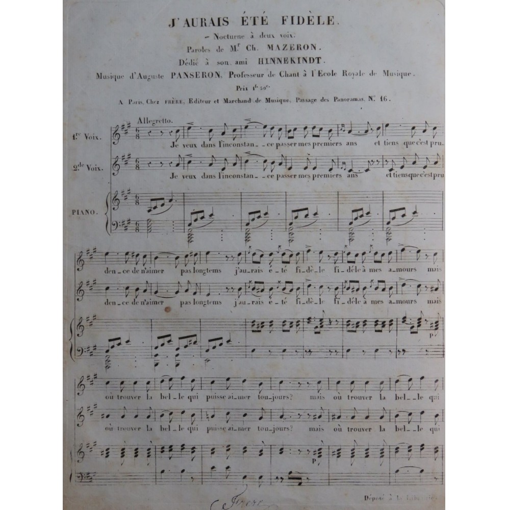 PANSERON Auguste J'aurais été fidèle Chant Piano ca1830