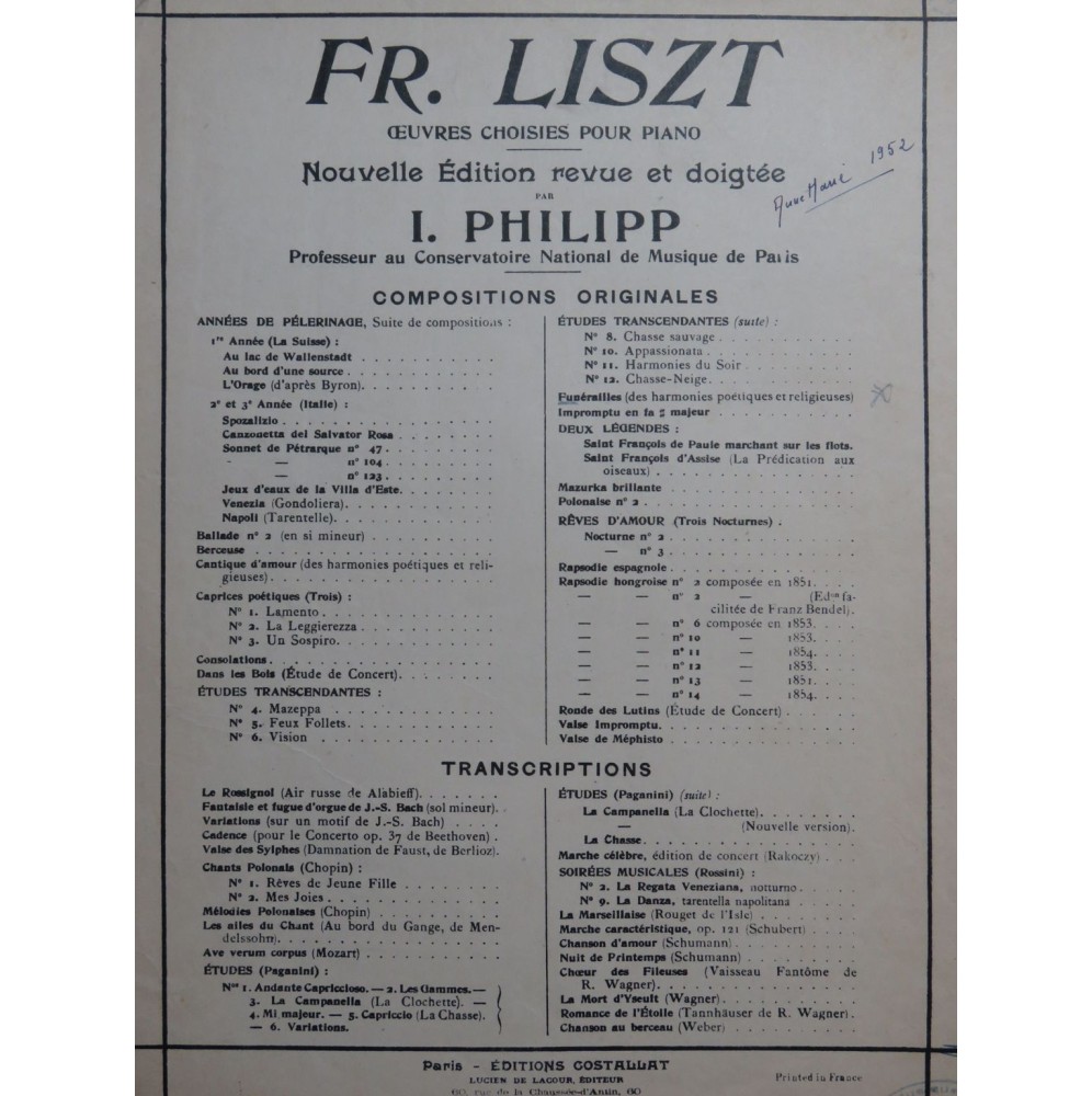 LISZT Franz Funérailles des Harmonies Poétiques et Religieuses Piano