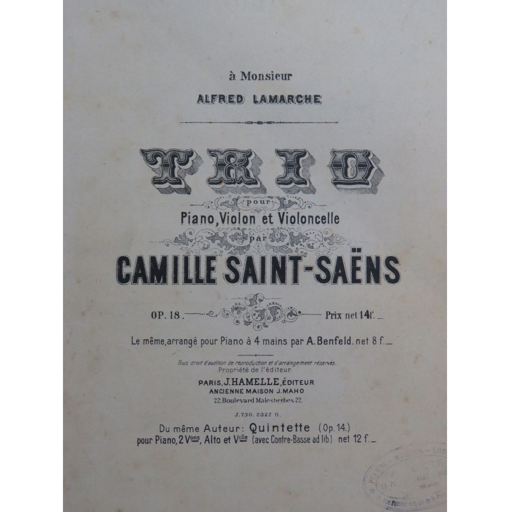 SAINT-SAËNS Camille Trio op 18 Piano Violon Violoncelle