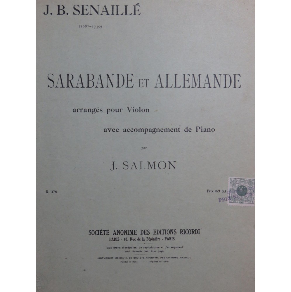 SENAILLÉ Jean Baptiste Sarabande et Allemande Piano Violon 1918
