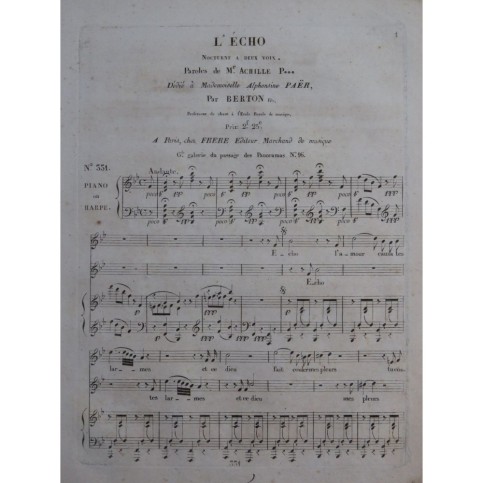 BERTON F. Fils L'Écho Nocturne Chant Piano ou Harpe ca1820