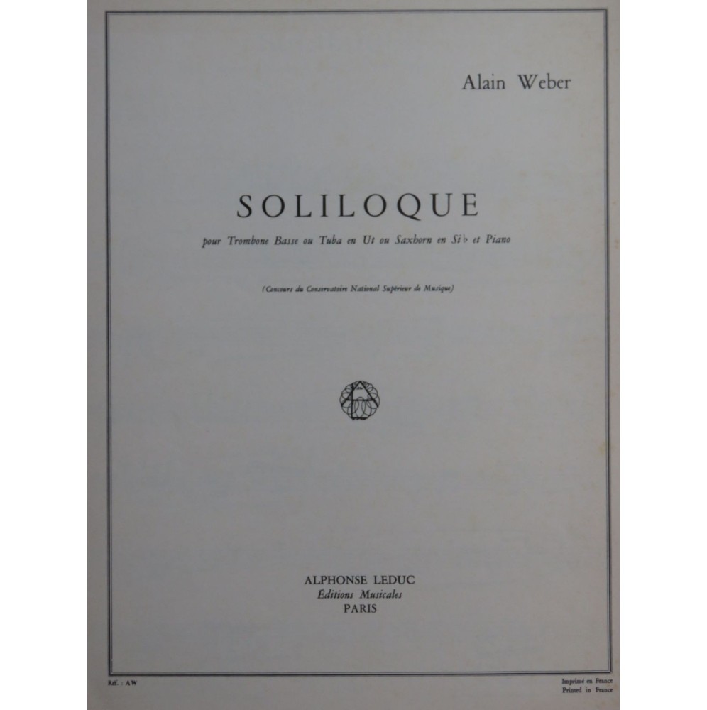 WEBER Alain Soliloque Piano Trombone ou Tuba 1969