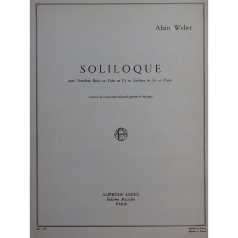 WEBER Alain Soliloque Piano Trombone ou Tuba 1969