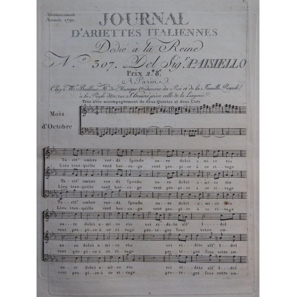 PAISIELLO Giovanni Tacit ombre Chant Orchestre 1791