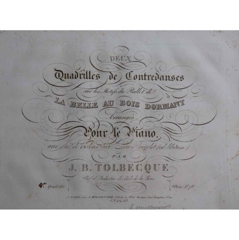 TOLBECQUE J. B. La Belle au Bois Dormant Quadrille No 2 Piano ca1830