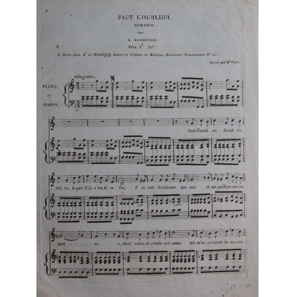 ROMAGNESI Antoine Faut L'Oublier Chant Piano ou Harpe ca1830