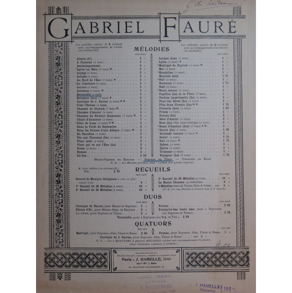 FAURÉ Gabriel Barcarolle Chant Piano 1920