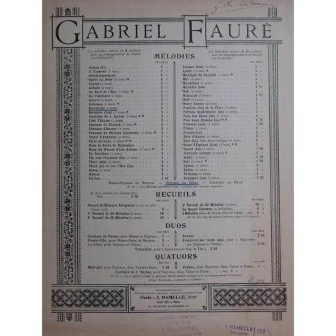 FAURÉ Gabriel Barcarolle Chant Piano 1920