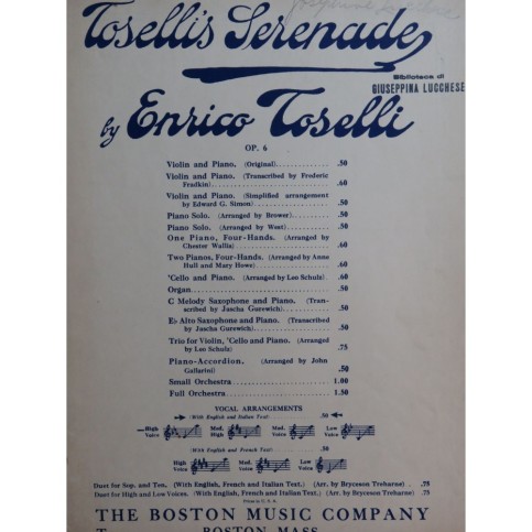 TOSELLI Enrico Serenade op 6 Chant Piano 1929
