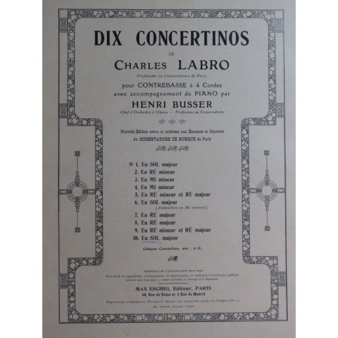 LABRO Charles Concertino No 10 Contrebasse Piano 1917