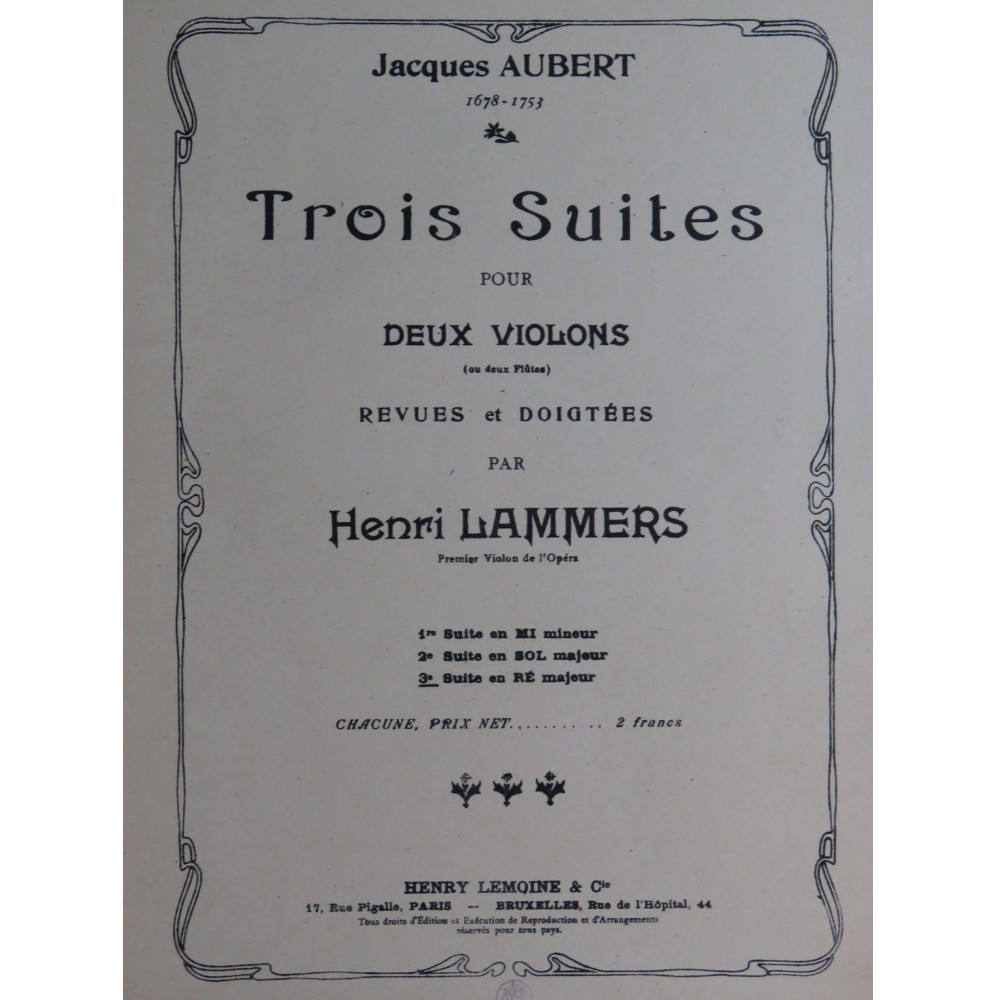AUBERT Jacques Suite No 3 Ré Majeur pour 2 Violons