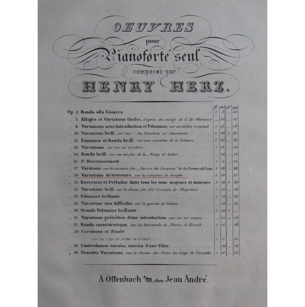 HERZ Henry Variations de Bravoure op 20 Piano ca1835
