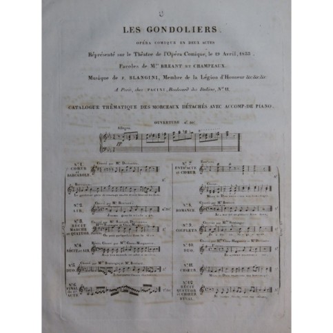 BLANGINI Félix Les Gondoliers No 8 Chant Piano ca1830