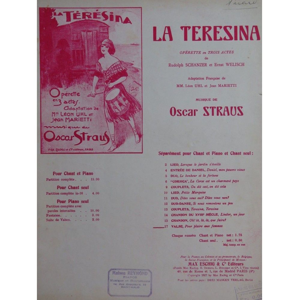 STRAUS Oscar La Teresina Opérette No 17 Chant Piano 1927