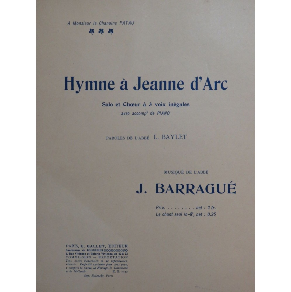 BARRAGUÉ J. Hymne à Jeanne d'Arc Chant Piano