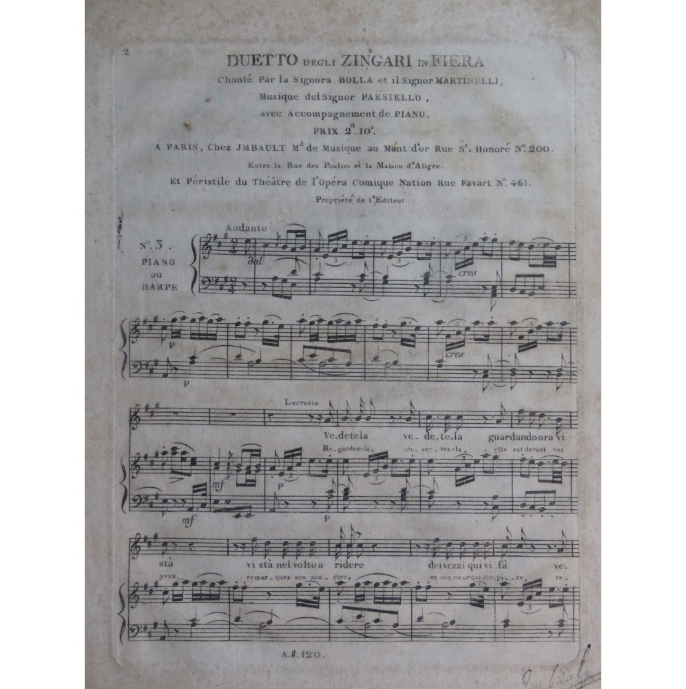 PAESIELLO G. I Zingari in Fiera No 3 Duetto Chant Piano ou Harpe ca1795