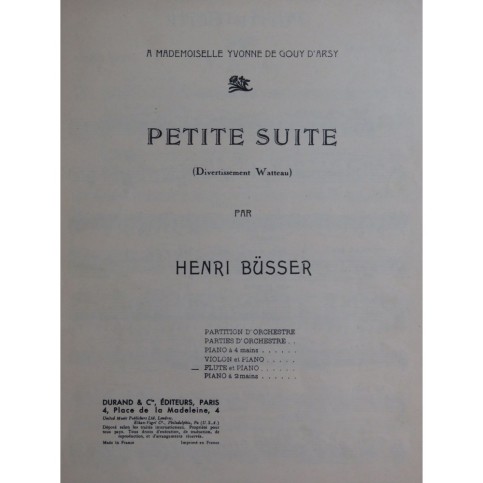 BÜSSER Henri Petite Suite op 12 Piano Flûte 1968